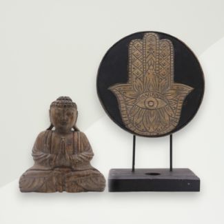 Eclectic Buddha Figurine Brown Buddha, Hamsa Hand Wood 40x44
