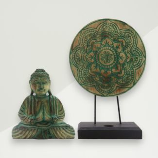 Eclectic Buddha Figurine Green Buddha, Mandala Wood 40x44