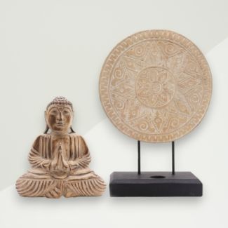 Eclectic Buddha Figurine White Buddha, Mandala Wood 40x44