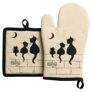 Set/2  Glove+Potholder Dubout 3 Chats Beige 18 X 28