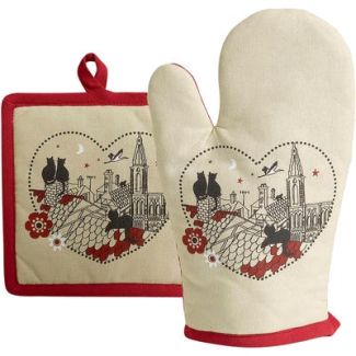 Set/2  Glove+Potholder Chats Coeur Beige 18 X 28